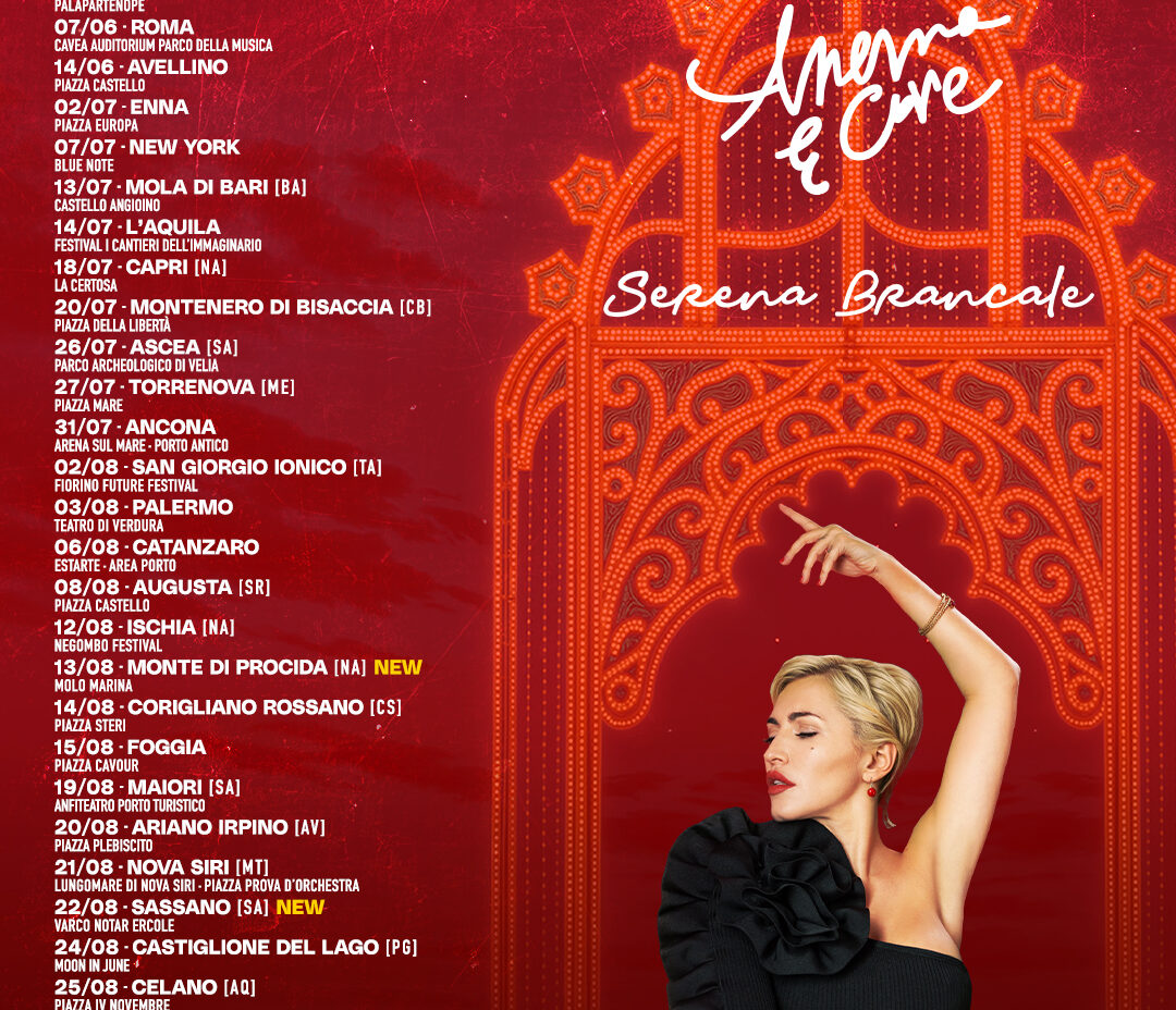 SERENA BRANCALE TORNA LIVE VENERDÌ 22 AGOSTOA SASSANO (SA) PER IL SUO  ANEMA E CORE TOUR