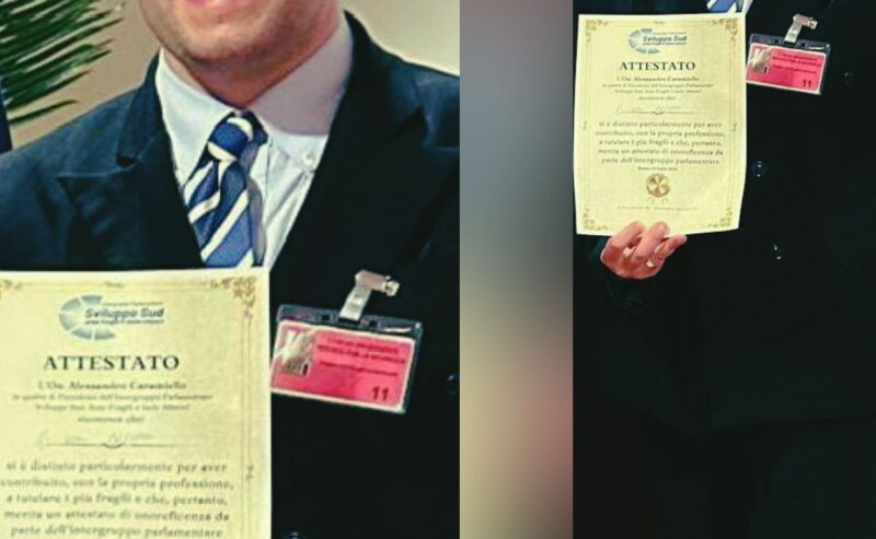 GIUSEPPE NAPPA RICEVE UN PRESTIGIOSO RICONOSCIMENTO DALL’INTERGRUPPO PARLAMENTARE “ SVILUPPO SUD”, AREE FRAGILI E ISOLE MINORI PER IL SUO IMPEGNO SOCIALE