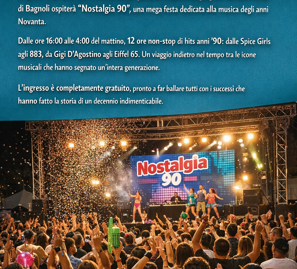 Nostalgia 90 arriva gratis all’Ex Base Nato: 12 ore di musica anni ’90 a Bagnoli