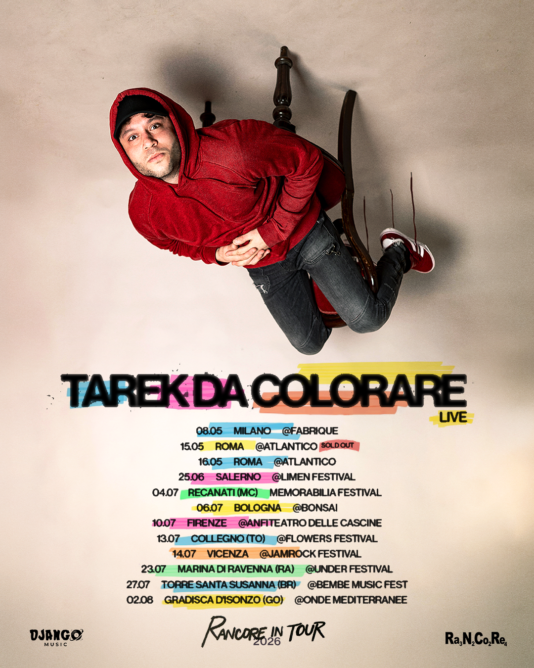 RANCORE: colora i festival di tutta Italia con il tour estivo “TAREK DA COLORARE LIVE”, a pochissimo dal suo ritorno sulla Terra con il nuovo album “Tarek da colorare”, fuori ovunque venerdì 3 aprile.