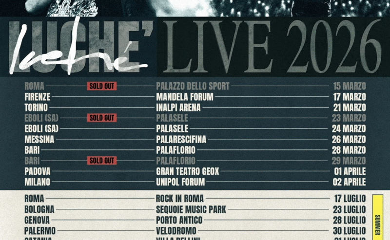 LUCHÈ: annuncia oggi il “SUMMER TOUR 2026​”, che lo porterà a calcare i palchi dei migliori festival italiani. Prima data il 17 luglio al Rock in Roma. In attesa della data evento di settembre all’Ippodromo di Agnano.