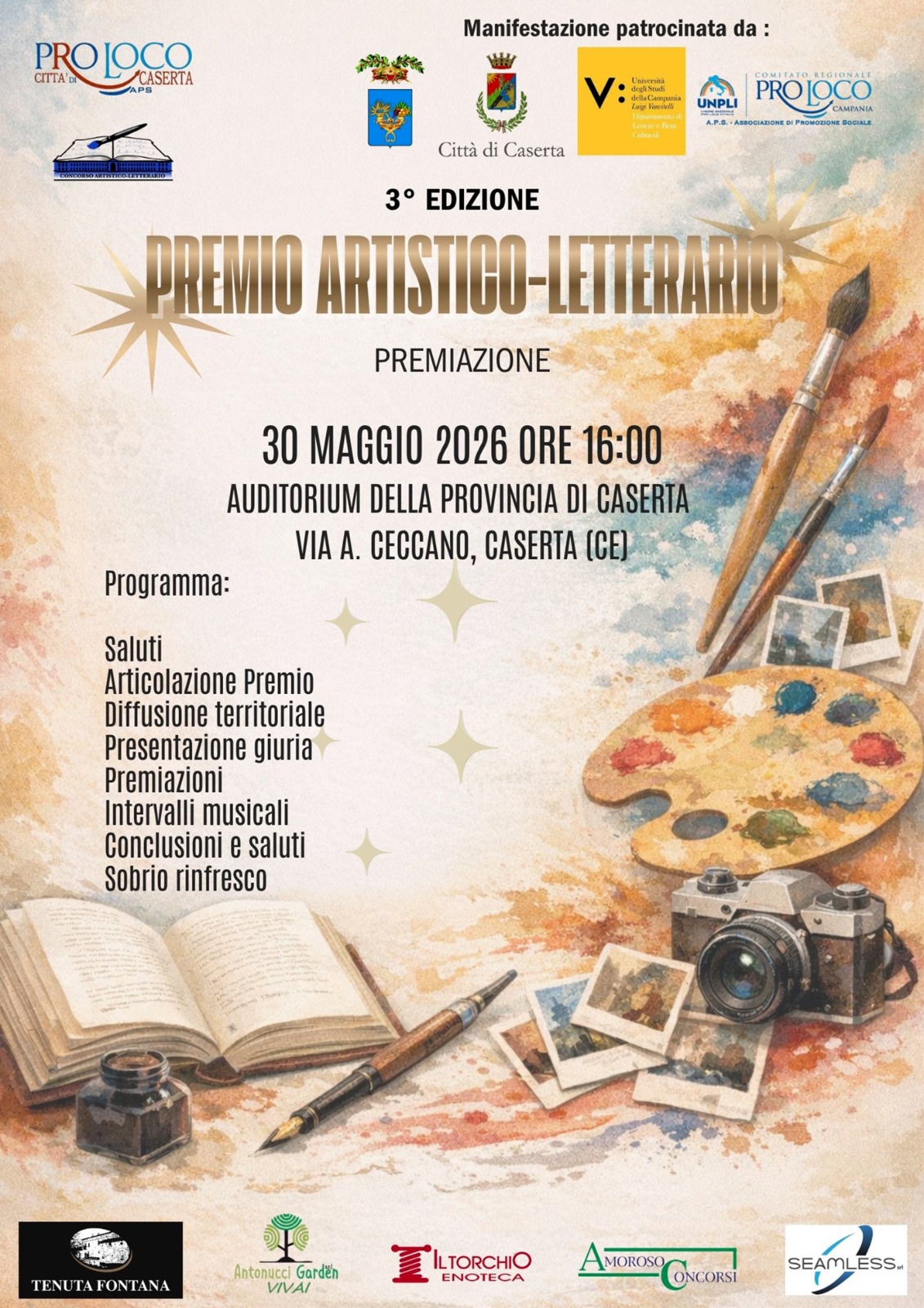 3ª Edizione del Premio Artistico‑Letterario Nazionale, Pro Loco Città di Caserta: al via la cerimonia 2025/2026