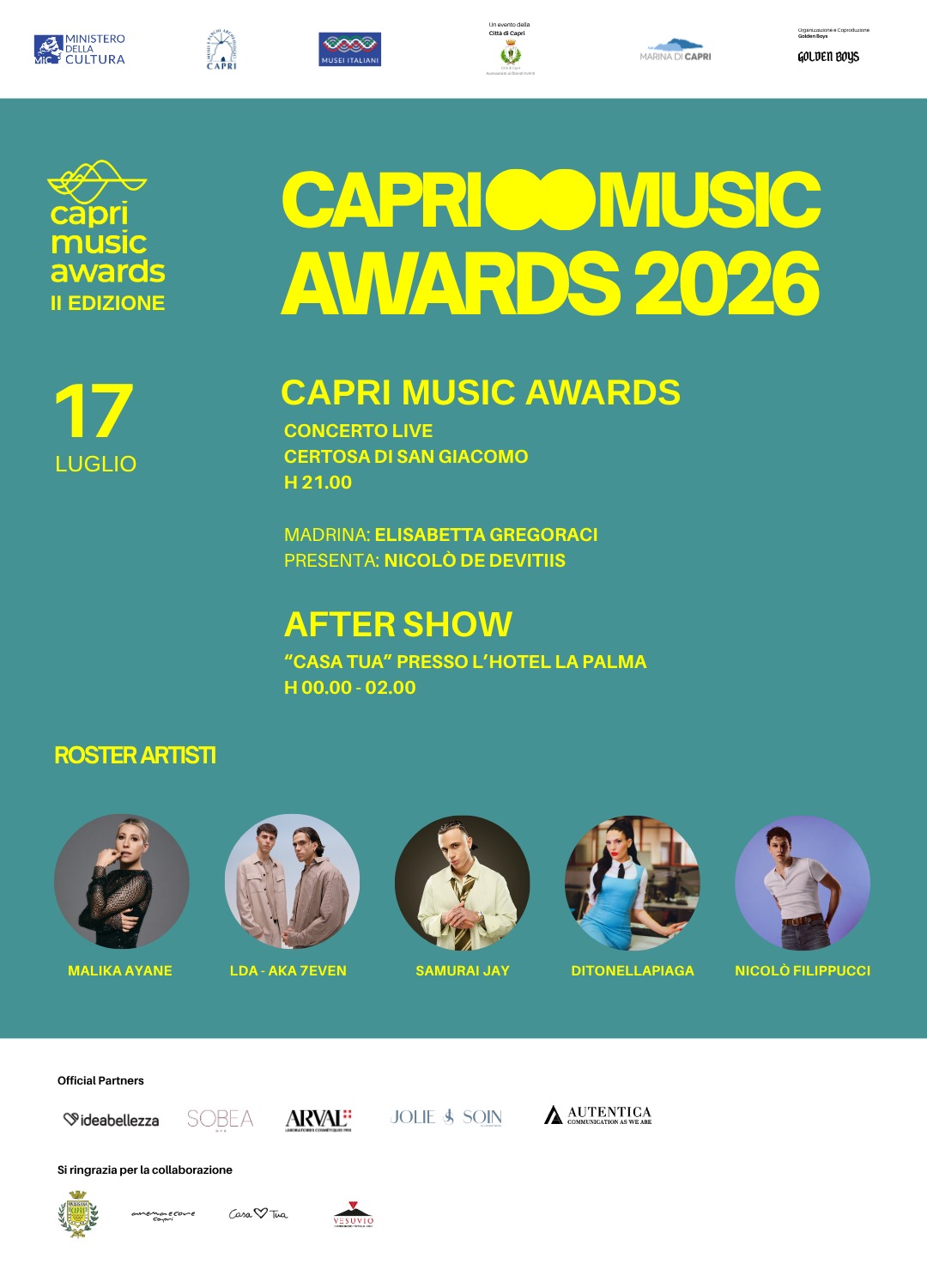 CAPRI MUSIC AWARDS: Golden Boys e la città di Capri annunciano la seconda edizione dei Capri Music Awards che si terranno il 15,16,17 luglio; svelati i primi grandi ospiti MALIKA AYANE, DITONELLAPIAGA, SAMURAI JAY, LDA, AKA 7EVEN.